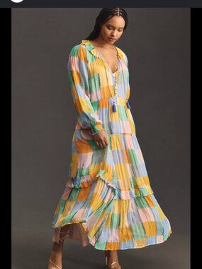 new ANTHROPOLOGIE THE MARIAS patchwork chiffon overlay maxi dress 3x